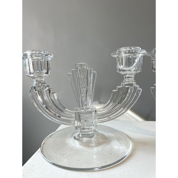 1930s Art Deco Glass Candle Holders Pair | Vintage Double-Arm Crystal Candelabra - Picture 4 of 7